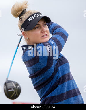 Charley Hull England abschlägt am 6. Loch tagsüber zwei 2017 Ricoh Women es British Open in Kingsbarns Golf Links, St Andrews. Stockfoto