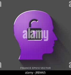 Flache metallischen Finanzen 3D Symbol. Lila glänzende Metall Kopf mit Vorhängeschloss auf grauem Hintergrund. Vektor-EPS 10. Stock Vektor