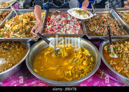 Vielzahl von gekochtem Essen im thailändischen Stil fast-food Buffet in Chiang Mai, Thailand Stockfoto