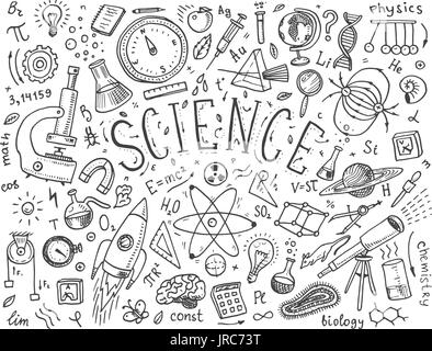 gravierte handgezeichnete im alten Skizze und Vintage-Stil. wissenschaftliche Formeln und Berechnungen in Physik und Mathematik, Chemie und Biologie oder Astronomie am Whiteboard. Bildung und Wissenschaft. Stock Vektor