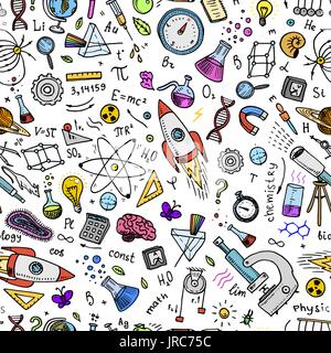 gravierte handgezeichnete im alten Skizze und Vintage-Stil. wissenschaftliche Formeln und Berechnungen in der Physik und Mathematik oder Astronomie am Whiteboard. Bildung und Wissenschaft. Nahtlose Muster. Stock Vektor