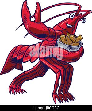 Vektor cartoon Clipart Illustration einer Krebse, Langusten, crawdad, oder Hummer in der Heisman Trophy stellen Sie eine Schüssel mit Mais und Kartoffeln. Stock Vektor