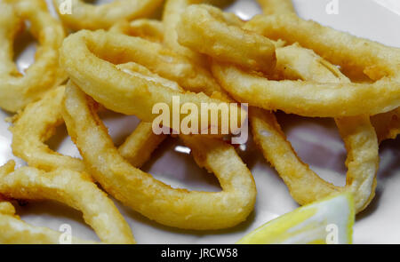 Goldene Ringe von Tintenfisch gebraten und isoliert auf eine weisse Platte Stockfoto