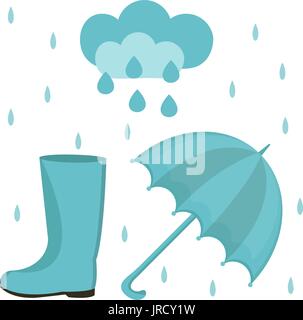 Regen-Set von Wohnung oder Cartoon-Stil. Herbst-Kollektion mit Regenschirm, Wolke, Gummi-Stiefel. Isoliert auf weißem Hintergrund. Vektor-illustration Stock Vektor