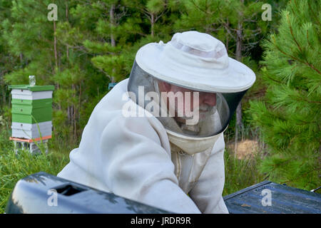 In seinem viel und Jacke geschmückt, Imker Jim Butler von Vernon, Alabama, wird fertig, seine Bienenstöcke auf Montag, 31.Juli 2017. Stockfoto