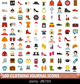 100 Kleidung Zeitschrift Icons set, flach Stil Stock Vektor