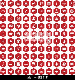 100 Sehenswürdigkeiten Symbole Sechseck rot Stock Vektor
