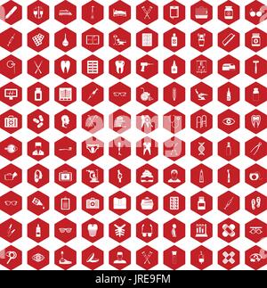 100 medizinische Accessoires Symbole Sechseck rot Stock Vektor