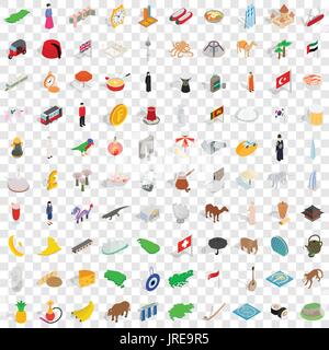 100 Land Icons Set, isometrischen 3d Stil Stock Vektor