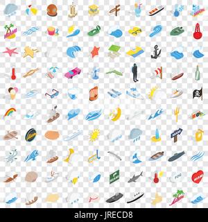 100 Marine Icons Set, isometrischen 3d Stil Stock Vektor