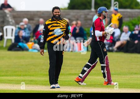 Easton, Portland, Dorset, UK.  4. August 2017.   Indischer Cricketspieler Wasim Jaffer während Portland roten Dreieck entsprechen V Zurrgurte All Stars auf dem Reforne Cricket Ground bei Easton in Dorset.  Bildnachweis: Graham Hunt/Alamy Live-Nachrichten Stockfoto