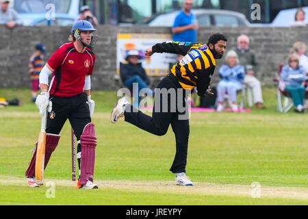 Easton, Portland, Dorset, UK.  4. August 2017.   Indischer Cricketspieler Wasim Jaffer während Portland roten Dreieck entsprechen V Zurrgurte All Stars auf dem Reforne Cricket Ground bei Easton in Dorset.  Bildnachweis: Graham Hunt/Alamy Live-Nachrichten Stockfoto