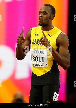 London, Großbritannien. 4. August 2017. Usain Bolt aus Jamaika reagiert vor der Männer 100 m Vorläufe der IAAF Weltmeisterschaften 2017 London Stadium in London, Großbritannien, am 4. August 2017. Bildnachweis: Wang Lili/Xinhua/Alamy Live-Nachrichten Stockfoto