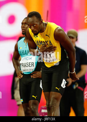 London, Großbritannien. 4. August 2017. Usain Bolt (vorne) aus Jamaika reagiert vor der Männer 100 m Vorläufe der IAAF Weltmeisterschaften 2017 London Stadium in London, Großbritannien, am 4. August 2017. Bildnachweis: Wang Lili/Xinhua/Alamy Live-Nachrichten Stockfoto