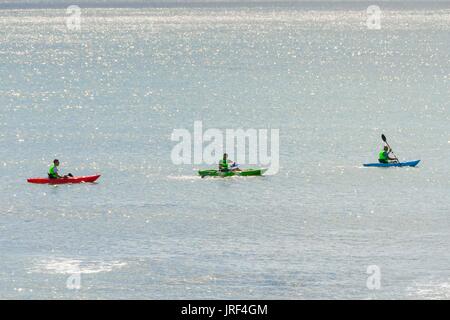 Lyme Regis, Dorset, UK.  5. August 2017.  Großbritannien Wetter.  Urlauber mit Kajaks, genießen Sie den Morgen Sunhine im Badeort von Lyme Regis in Dorset.  Bildnachweis: Graham Hunt/Alamy Live-Nachrichten Stockfoto