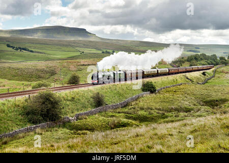 Horton in Ribblesdale, UK. 5. August 2017. Die Herzogin von Sutherland Dampflok schleppt der Cumbrian Mountain Express Sonderzug durch Ribblesdale in den Yorkshire Dales, der malerischen Settle-Carlisle Railway in der Nähe von Horton in Ribblesdale. Im Hintergrund ist Pen-y-Gent-Gipfel. Bildnachweis: John Bentley/Alamy Live-Nachrichten Stockfoto