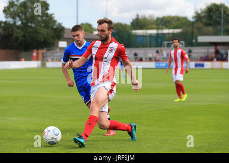 Brackley, UK. 5. August 2017. Brackley Stadt Andy Brown in Brackley Stadt V FC United auf Samstag, 5. August 2017 Credit: Leila Coker/Alamy Live News Stockfoto