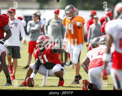 Florida, USA. 4. August 2017. LOREN ELLIOTT | Zeiten. Tampa Bay Buccaneers Quarterback Ryan Fitzpatrick (14) beteiligt sich in der Praxis während des Trainingslagers im One Buccaneer Place in Tampa, Florida, auf Freitag, 4. August 2017. Bildnachweis: Loren Elliott/Tampa Bay Times / ZUMA Draht/Alamy Live News Stockfoto