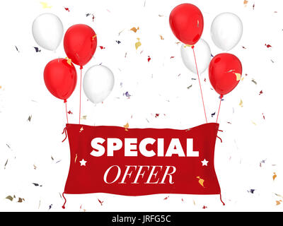 3D-rendering Angebot Konzept mit rotem Tuch Banner, roten Ballons und Konfetti Stockfoto