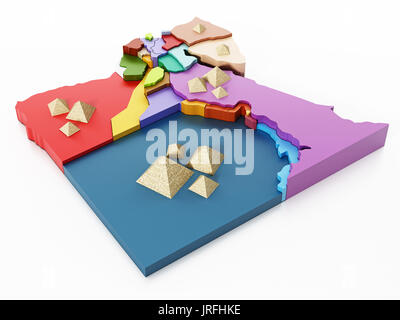 Ägypten Karte mit Regionen und Pyramiden. 3D-Darstellung. Stockfoto