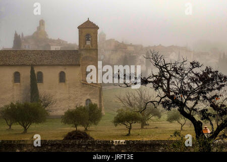 In einer nebligen Wintertag im Kirchhof der provenzalischen Stadt Lourmarin im Luberon Region des südlichen Frankreich mit das Dorf im Hintergrund. Stockfoto