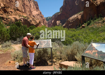 Das kaukasische Seniorpaar (60-70) liest die Informationstafel in den Kolob Canyons im Zion Nationalpark in Springdale, Utah. USA Stockfoto