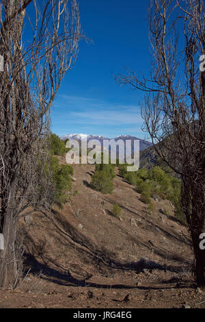 Bergige Landschaft von Parque Yerba Loca in einem Urstromtal in der Nähe von Santiago, Hauptstadt von Chile. Stockfoto