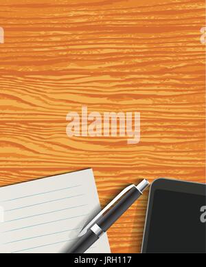 Realistische Draufsicht Arbeit Desktop mit strukturierten Tabelle, Smartphone, Stift und Papier. Realistische Vektor-Illustration. Stock Vektor