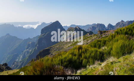 Madeira - Felsen des Berges Pico Do Arieiro mit grünen Wiesen und Wolken Stockfoto