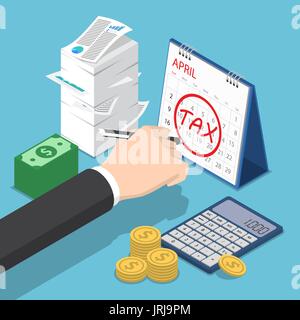Wohnung 3 d Isometrische Geschäftsmann Hand Kennzeichnung Steuer Zeichen auf Kalender. Steuer Tag Konzept Stock Vektor