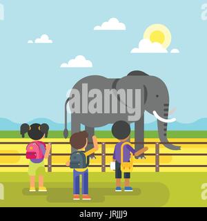 Vektorgrafik flachen Stil der Tiere im Zoo. Kinder Zoo besuchen und mit Blick auf den Elefanten. Sonnigen Tag. Stock Vektor