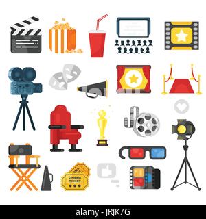 Vektor-flacher-Stil festlegen der Kino-Symbol. Isoliert auf weißem Hintergrund. Stock Vektor