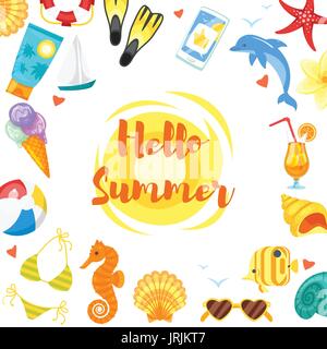 Vektor-Cartoon Stil Web Hallo Sommer banner Template-Design mit bunten Strand Elemente um. Stock Vektor