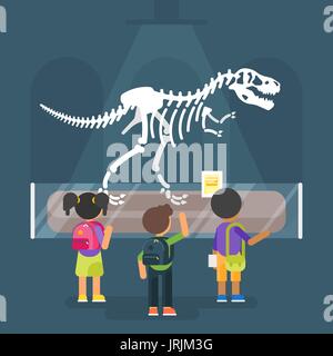 Flache Vektorgrafik von Dinosaurier-Skelett im Museum. Prähistorische Raubtier - Tyrannosaurus Rex. Kinder sind auf alten Tier beobachten. Stock Vektor