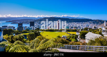 Blick auf Wellington, Neuseeland, Südostasien, wie von kelburn Seilbahn Station gesehen. Stockfoto