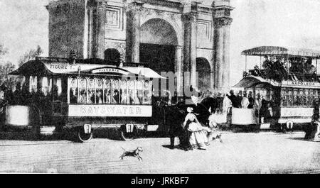 London's ersten Pferden gezogenen Straßenbahn bei Marble Arch Stockfoto