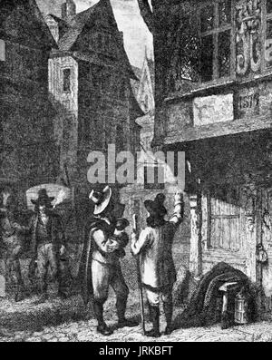 Die 'Dead Warenkorb' Squad aufnehmen Opfer der Pest in London 1665. Ein Wachmann oder Guard steht das Haus der verifizierten Opfer Stockfoto