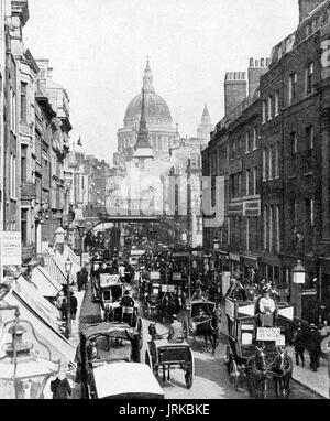 Pferdekutsche-Verkehr in der Londoner Fleet Street (Looking in Richtung St. Pauls Kathedrale im Jahre 1906 Stockfoto