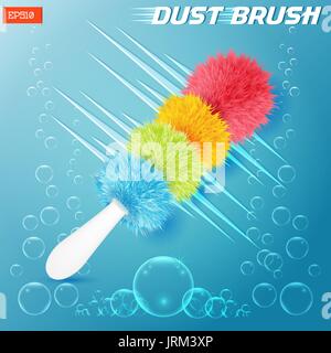 Realistische farbige Duster Bürste mit Illusion von Bewegung auf einem blauen Hintergrund. Vektor-Illustration. Stock Vektor