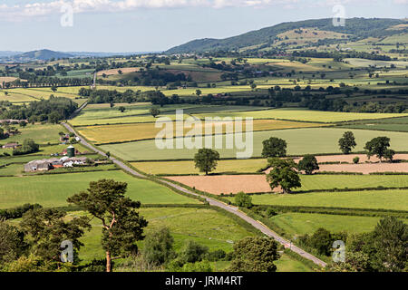 Ausblick auf die Landschaft von Burgruinen, Montgomery, Powys, Wales, Großbritannien Stockfoto