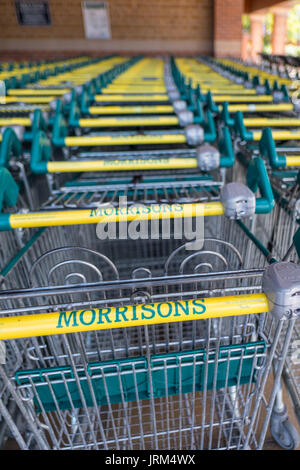 Mehrere Zeilen von Einkaufswagen in einem Supermarkt in Morrison Wincanton Somerset in einem Trolley Park. Stockfoto