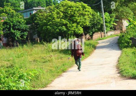 HAI DUONG, VIETNAM, AUGUST, 26.: Bäuerin mit Sichel auf der Straße am August 26, 2014 in Hai Duong, Vietnam. Stockfoto