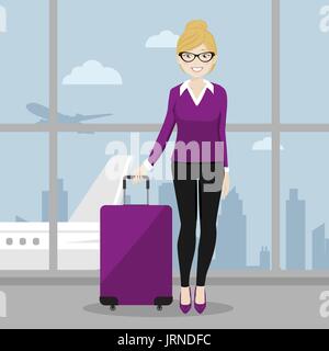 Vorstand Frau zu Fuß mit ihrem Koffer am Flughafen Stock Vektor