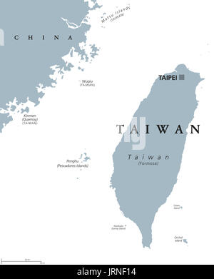 Taiwan die politische Karte mit Hauptstadt Taipeh. Englischer Beschriftung. Offiziell die Republik China, ROC, ein Staat in Ostasien auf der Insel Taiwan. Stockfoto
