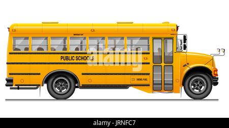 Gelbe klassischen Schulbus. Seitenansicht. Amerikanische Ausbildung. Dreidimensionales Bild mit sorgfältig nachgezeichneten Details. Weißen Hintergrund. Stock Vektor