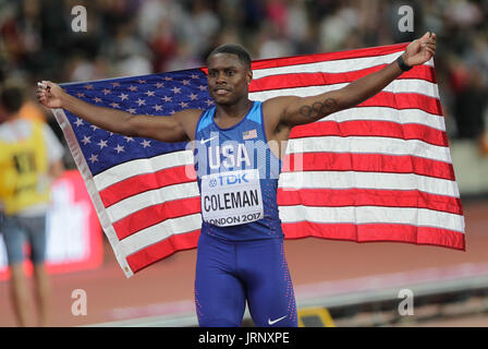 London, UK. 5. August 2017. Christian Coleman, 2. Platz in 100m, Queen Elizabeth Olympic Park, IAAF World Championships London 2017 Credit: Laurent Lairys/Agence Locevaphotos/Alamy Live-Nachrichten Stockfoto