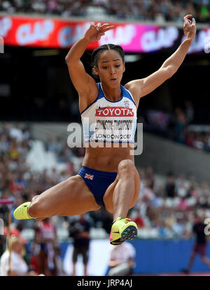 London, UK. 6. August 2017. Katarina Johnson-Thompson von Großbritannien in Aktion während der Longjump der Siebenkampf bei der IAAF Weltmeisterschaften in der Leichtathletik im Olympiastadion in London, UK, 6. August 2017. Foto: Rainer Jensen/Dpa/Alamy Live-Nachrichten Stockfoto