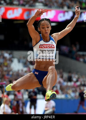 London, UK. 6. August 2017. Katarina Johnson-Thompson von Großbritannien in Aktion während der Longjump der Siebenkampf bei der IAAF Weltmeisterschaften in der Leichtathletik im Olympiastadion in London, UK, 6. August 2017. Foto: Rainer Jensen/Dpa/Alamy Live-Nachrichten Stockfoto