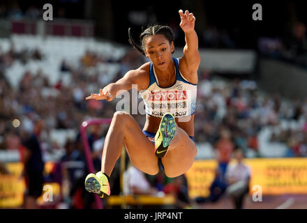 London, UK. 6. August 2017. Katarina Johnson-Thompson von Großbritannien in Aktion während der Longjump der Siebenkampf bei der IAAF Weltmeisterschaften in der Leichtathletik im Olympiastadion in London, UK, 6. August 2017. Foto: Rainer Jensen/Dpa/Alamy Live-Nachrichten Stockfoto