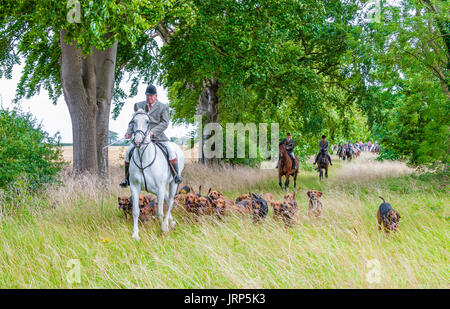 Cranwell, Lincoln, Lincolnshire, UK.  6. August 2017.  Cranwell Bluthunde zuerst Ausreiten und Hound Übung der Saison zog mehr als fünfzig unterstützt und Anhänger, die meisten fahren an einem Sonntag Sommernachmittag.  Die Jagd Meister Herr Phil Broughton MH kann gesehen werden, führt die Jagdhunde.  Bildnachweis: Matt Limb OBE/Alamy Live-Nachrichten Stockfoto